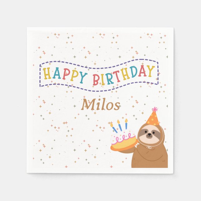 Personalised Birthday Napkins Sloth Party Decor (Front)