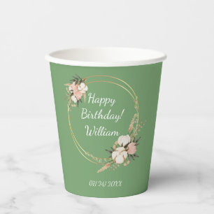 Personalised Birthday Party Floral Spray Green Paper Cups