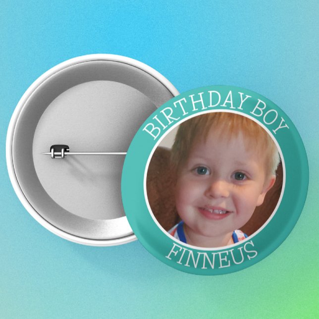 Personalised Birthday Party for Boy Name and Photo 6 Cm Round Badge (Creator Uploaded)