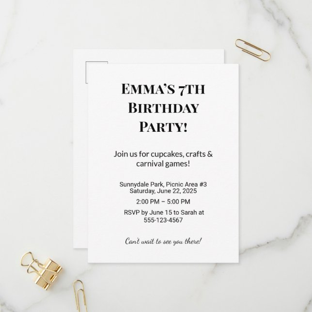 Personalised Birthday Party Invitation  Postcard (Front/Back In Situ)