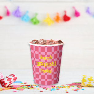 Personalised Birthday Party Pink Chequered Pattern Paper Cups