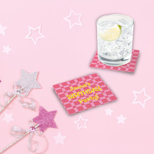 Personalised Birthday Party Pink Chequered Pattern Square Paper Coaster