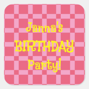 Personalised Birthday Party Pink Chequered Pattern Square Sticker