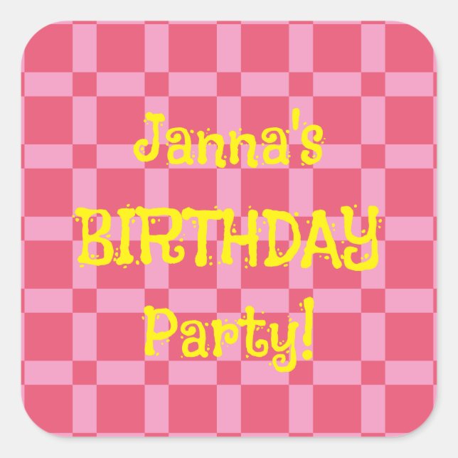 Personalised Birthday Party Pink Chequered Pattern Square Sticker (Front)