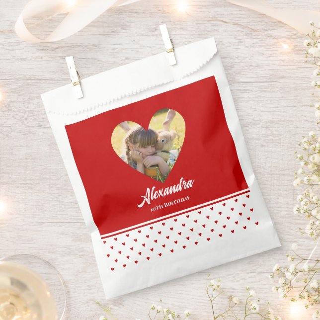 Personalised Birthday Photo Chic Red Heart Frame Favour Bags (Clipped)