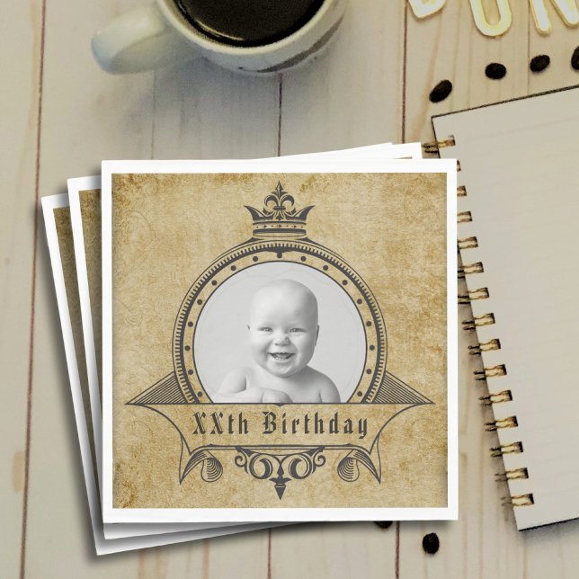 Personalised Birthday Photo Template Vintage Retro Napkin (Creator Uploaded)