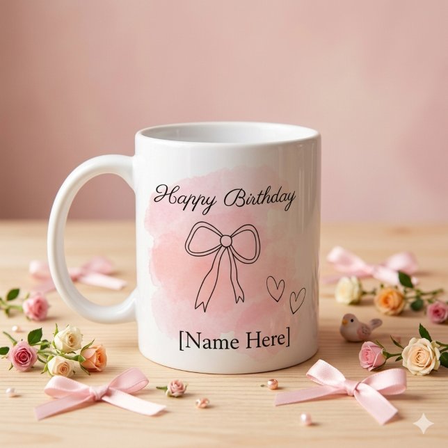 Personalised Birthday Pink Coquette Bow Mug (Aesthetic birthday coquette mug with pink watercolor, line art bow, and customizable text)