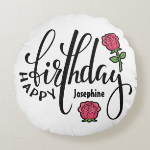 Personalised Birthday Pink Rose Round Cushion