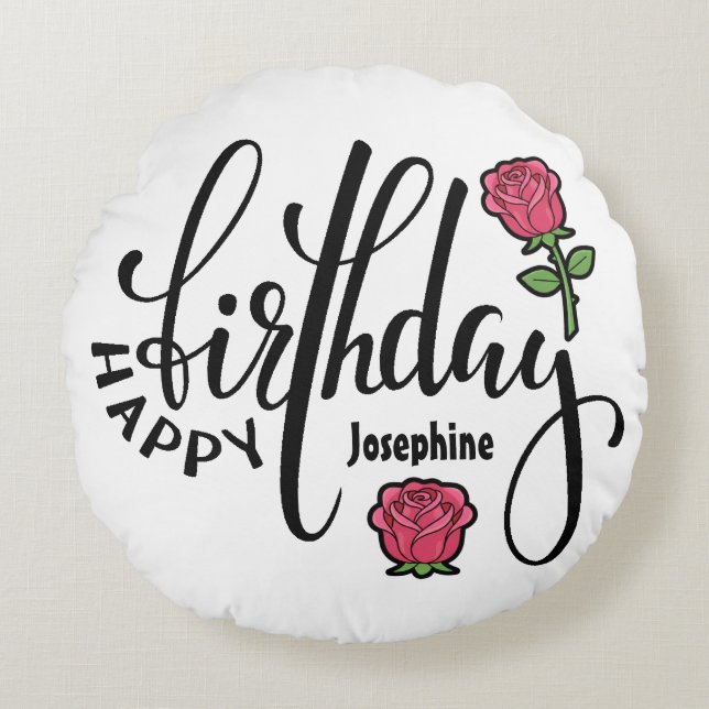 Personalised Birthday Pink Rose  Round Cushion (Front)