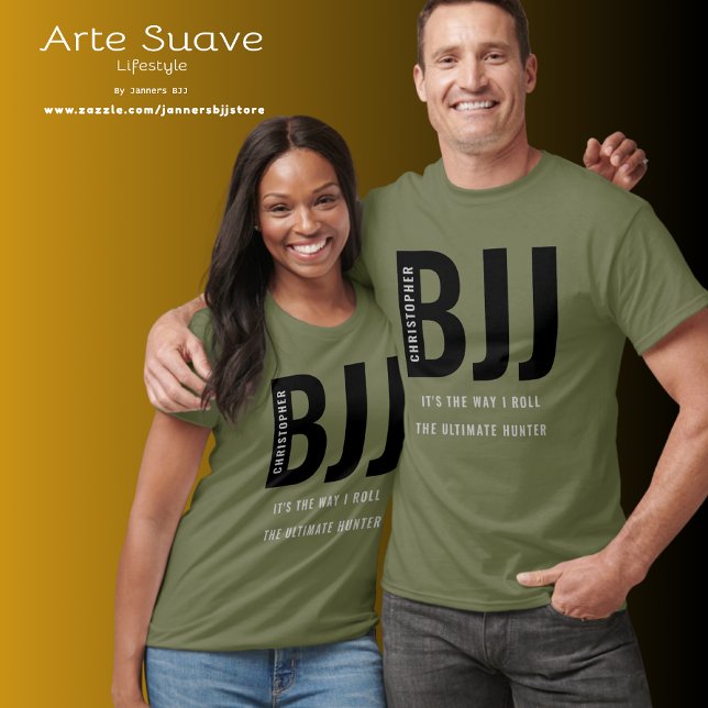 Personalised BJJ Brazilian Jiu Jitsu T-Shirt (BJJ personalized green t-shirt modelled by male and female couple.)