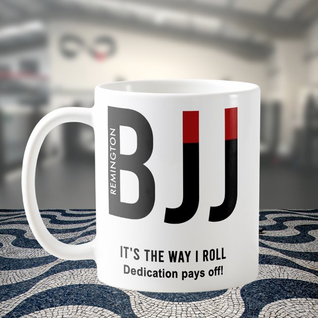 Personalised BJJ Jiu Jitsu Black Belt Edition Coffee Mug (Personalized BJJ white coffee with jiu jitsu gym in background)