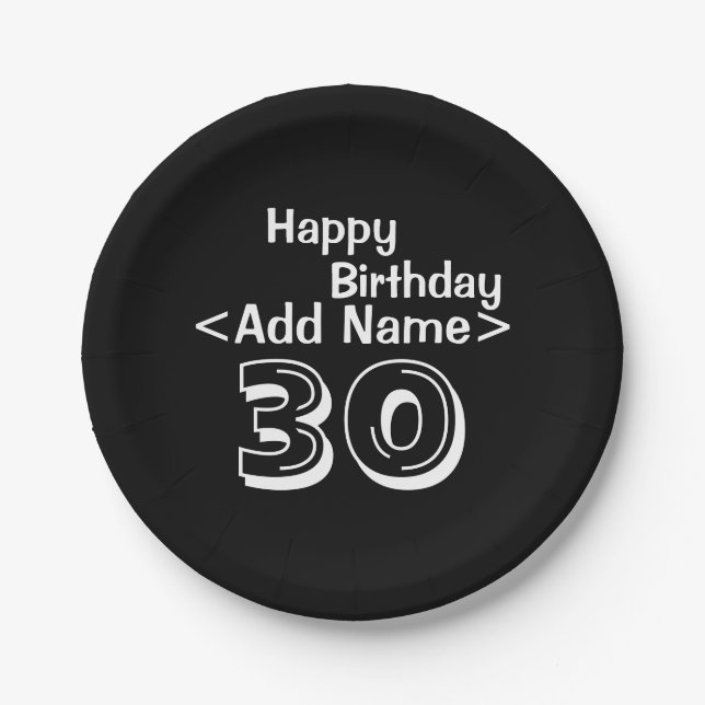 Personalised Black 30th Birthday Paper Plate (Front)