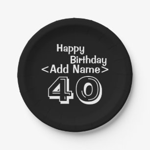 Personalised Black 40th Birthday Paper Plate