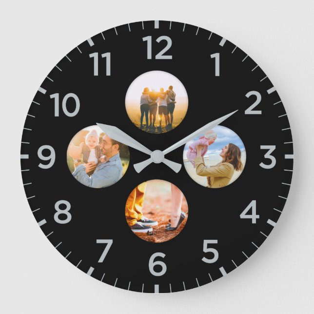 Personalised Black 4 Circle Photo Shadow Inlay Large Clock (Front)