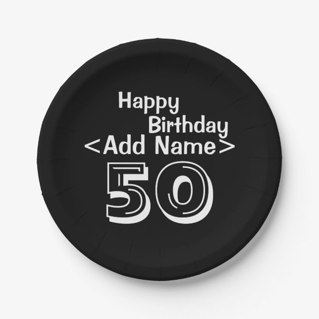 Personalised Black 50th Birthday Paper Plate (Front)