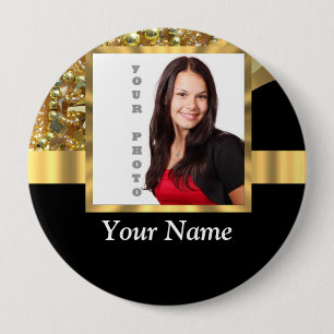 Personalised black and gold 10 cm round badge