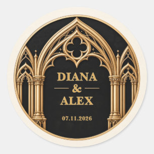 Personalised Black and Gold Cathedral Wedding Classic Round Sticker