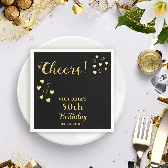 Personalised Black and Gold Cheers 50th Birthday Napkin (Creator Uploaded)