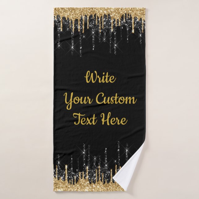 Personalised Black and Gold Glitter Drip Custom Bath Towel (Bath Towel)
