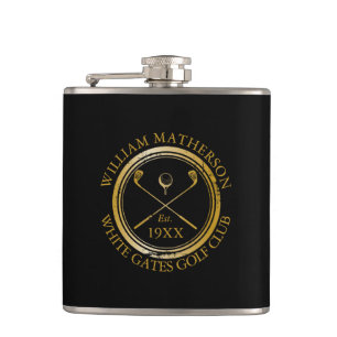 Personalised Black And Gold Golf Club Name Hip Flask