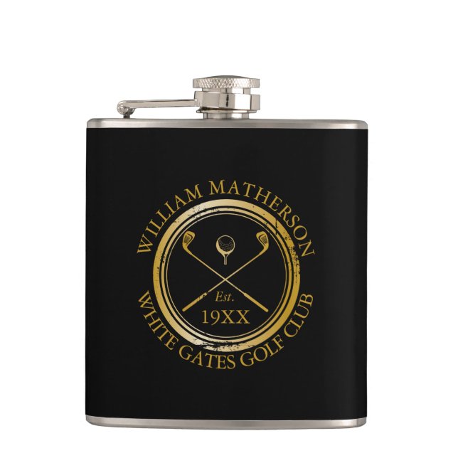Personalised Black And Gold Golf Club Name Hip Flask (Front)
