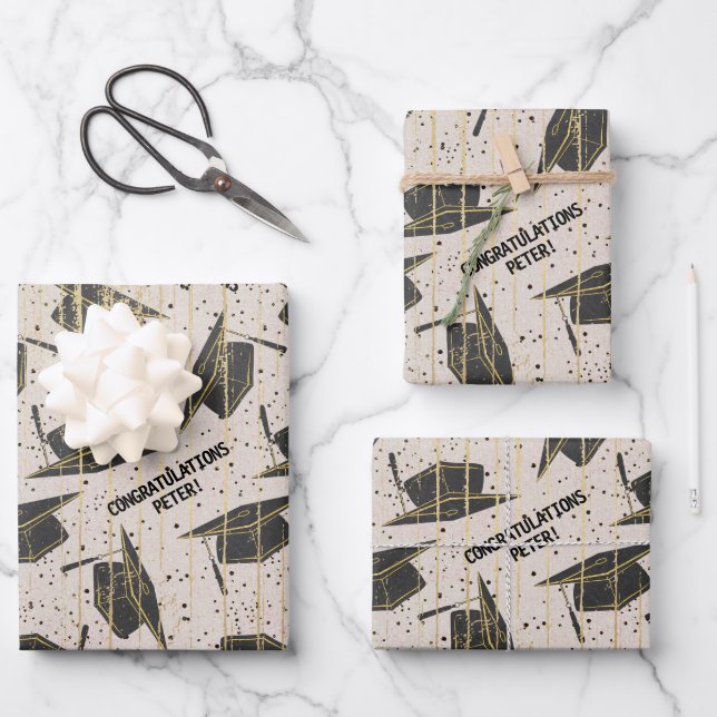 Personalised Black and Gold Graduation Wrapping Paper Sheet (Front)