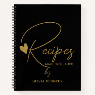 Personalised Black And Gold Made With Love Recipe Notebook