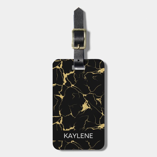 Personalised Black and Gold Marble Luggage Tag (Front Vertical)
