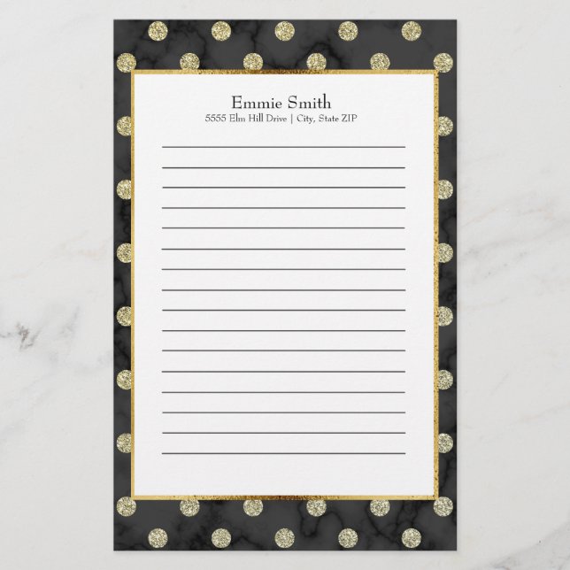 Personalised Black and Gold Polka Dot Stationery (Front)