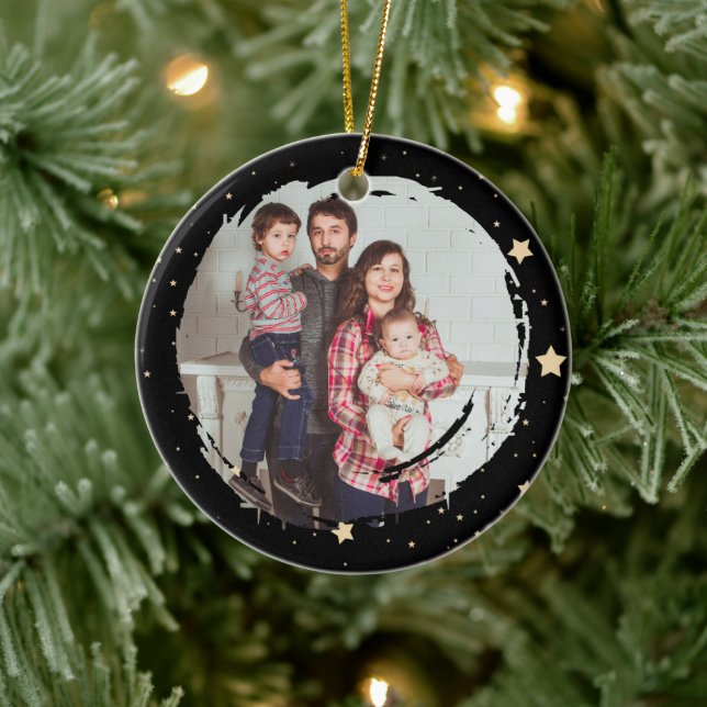 Personalised Black and Gold Star Photo Christmas Ceramic Tree Decoration (Tree)