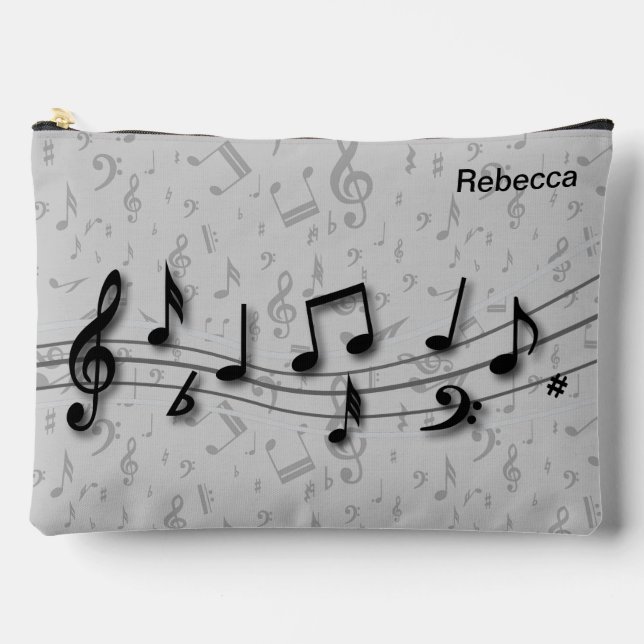 Personalised Black and Grey Music Notes Accessory Pouch (Front)