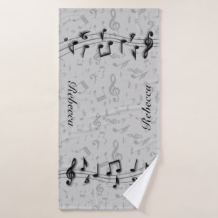 Personalised black and grey musical notes bath towel set