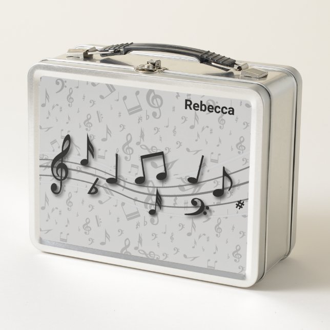 Personalised black and grey musical notes metal lunch box (Front)