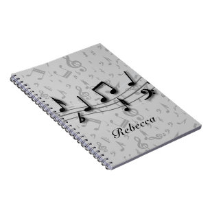 Personalised black and grey musical notes spiral notebook