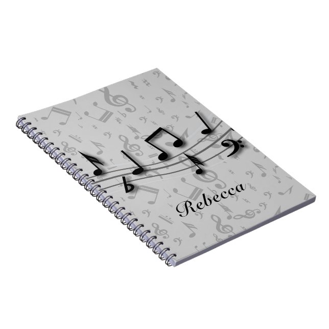 Personalised black and grey musical notes spiral notebook (Right Side)