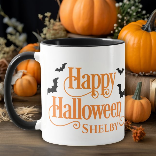 Personalised Black and Orange Happy Halloween Mug (Personalized Black and Orange Happy Halloween Mug - Just add your name!)