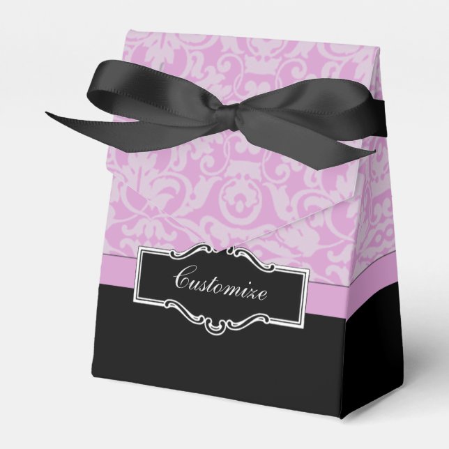 Personalised Black and Pink Damask Tent Favour Box (Front Side)