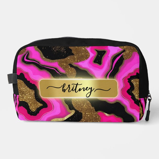 Personalised Black and pink Gold Agate monogrammed Dopp Kit (Front)