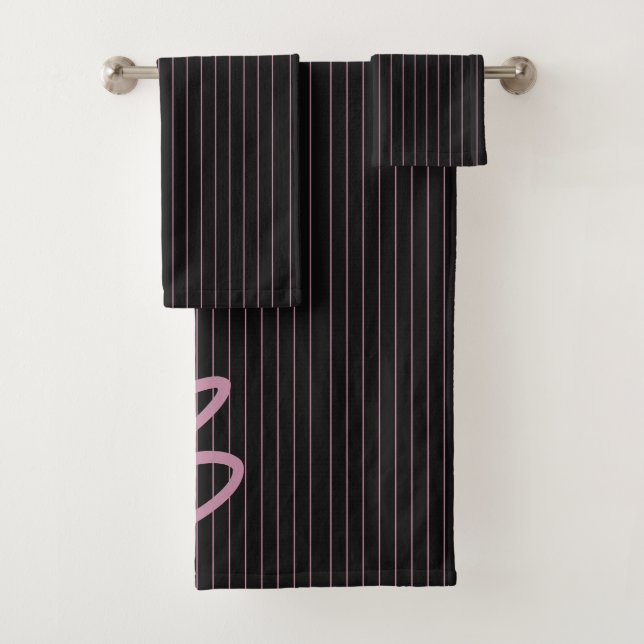 Personalised black and pink striped bath towel set (Insitu)
