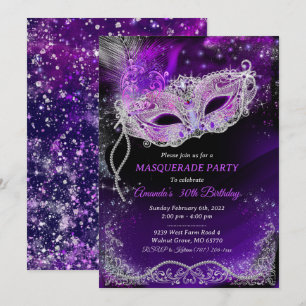 Personalised Black and Purple Birthday Masquerade  Invitation