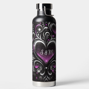 Personalised Black and purple glitter hearts  Water Bottle