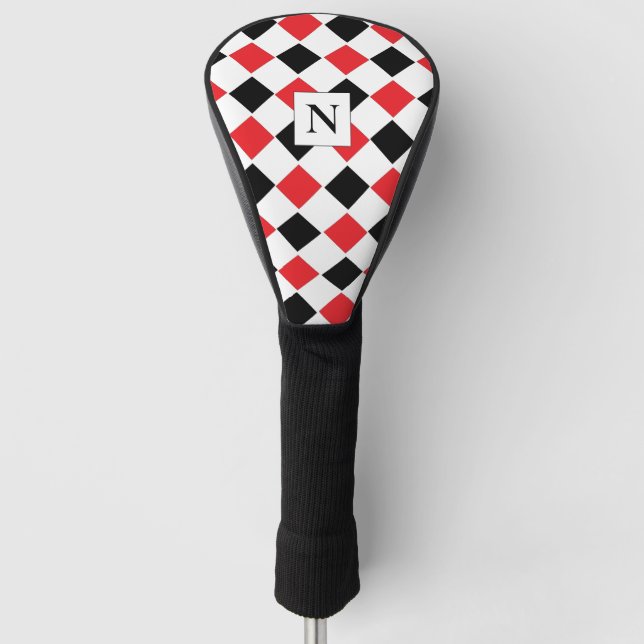 Personalised Black and Red Argyle Pattern  Golf Head Cover (Front)