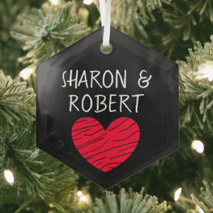 Personalised Black and Red Heart Couple   Glass Tree Decoration