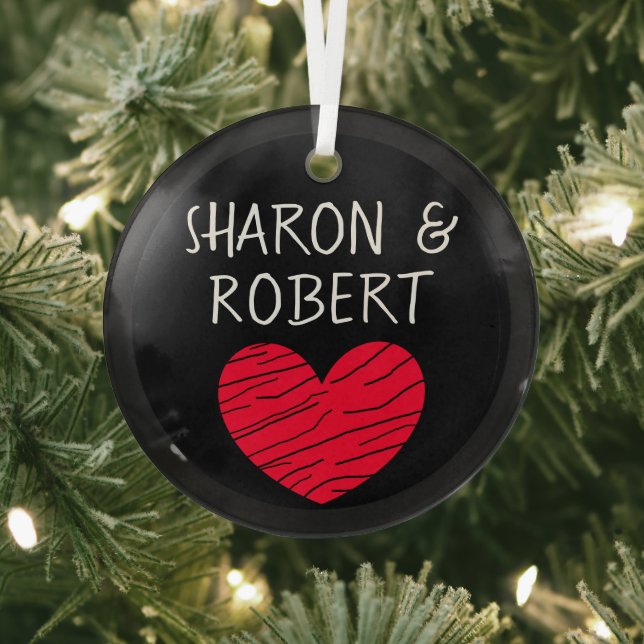 Personalised Black and Red Heart Couple  Glass Tree Decoration (Insitu)