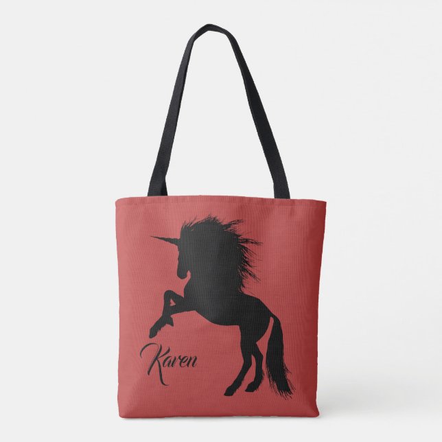 Personalised Black and Red Magic Rearing Unicorn Tote Bag (Back)