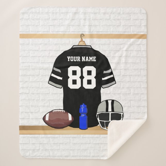 Personalised Black and Silver Grey Football Jersey Sherpa Blanket (Front)