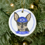 Personalised Black and Tan Chihuahua Yarmulke Ceramic Tree Decoration<br><div class="desc">Celebrate your favourite mensch on a bench with personalised ornament! This design features a sweet illustration of a black and tan applehead chihuahua dog with a blue and white yarmulke. For the most thoughtful gifts, pair it with another item from my collection! To see more work and learn about this...</div>