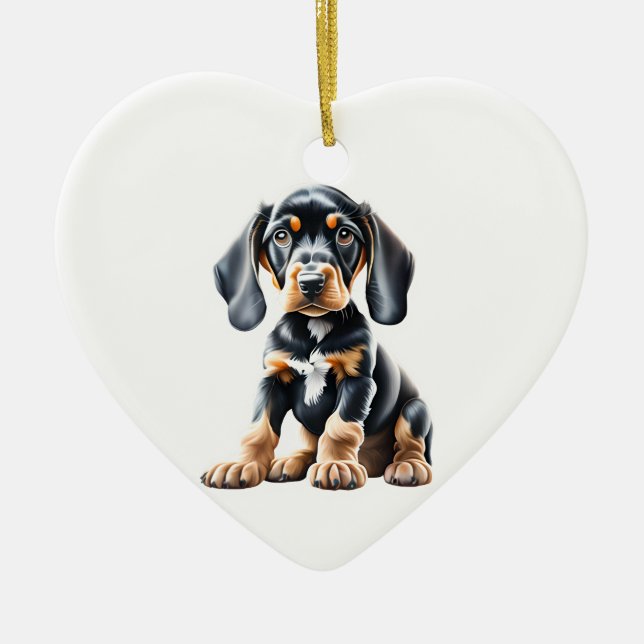Personalised Black and Tan Coonhound Puppy Ceramic Tree Decoration (Front)