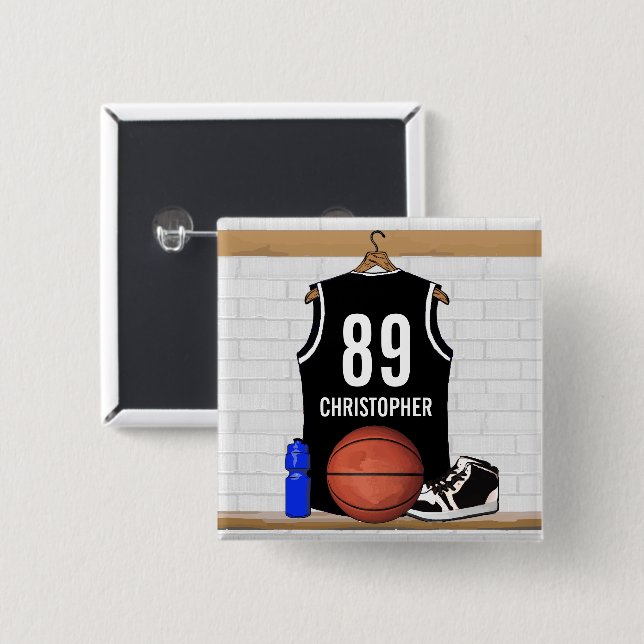 Personalised Black and White Basketball Jersey 15 Cm Square Badge (Front & Back)