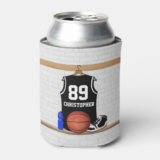 Personalised Black and White Basketball Jersey Can Cooler (Can Front)
